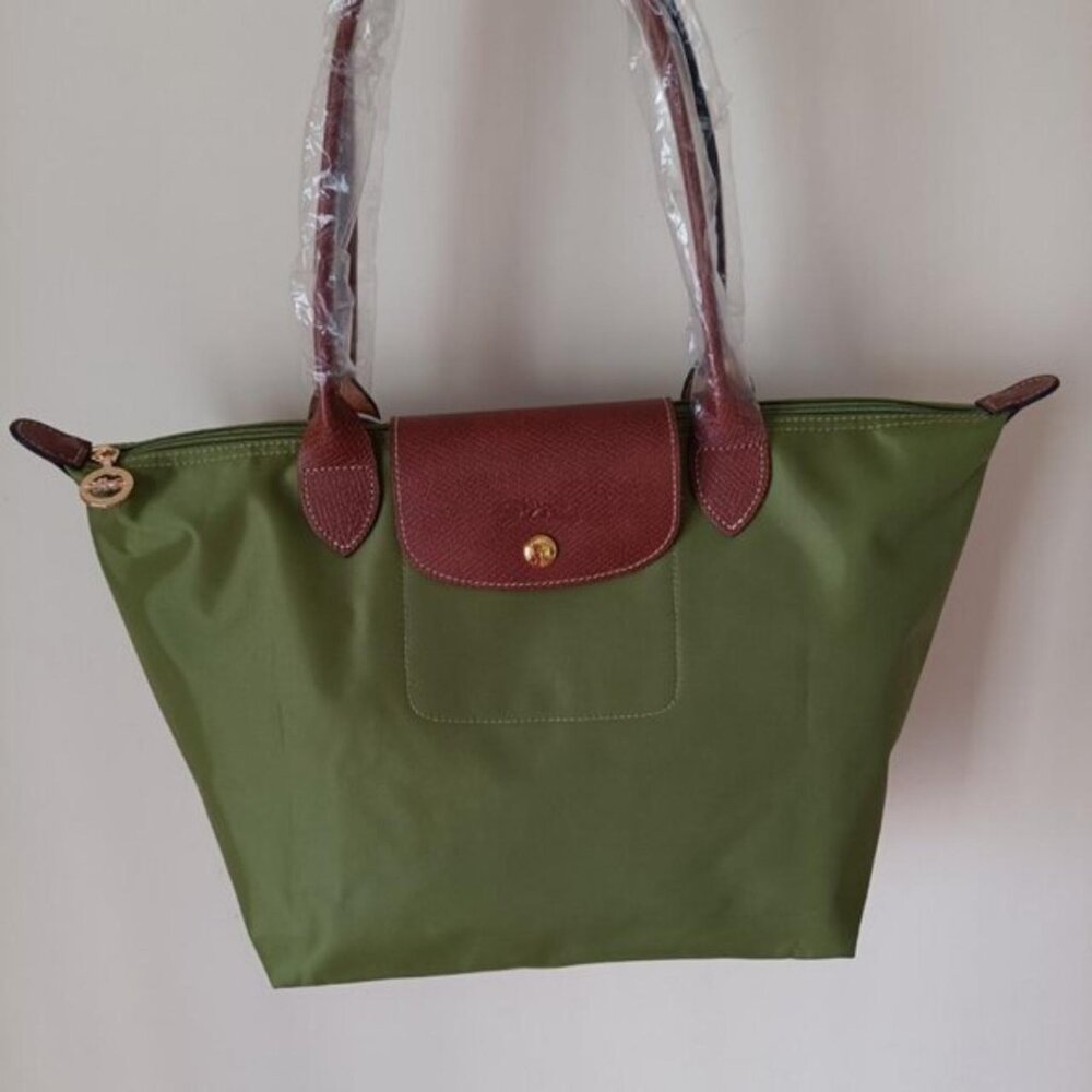 Longchamp le Pliage medium Green and Brown Tote Bag